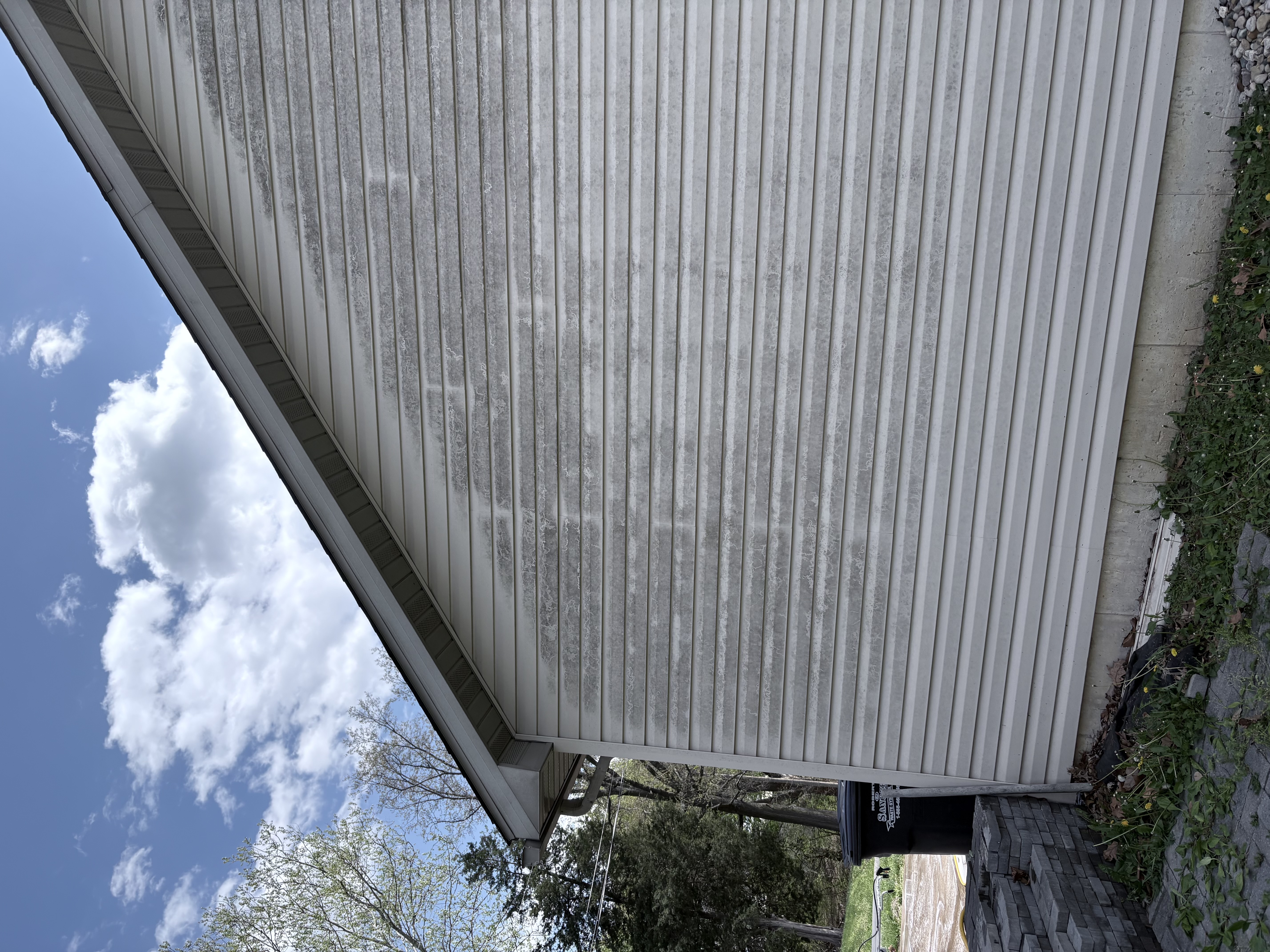 House siding before soft wash — mildew and algae streaks visible